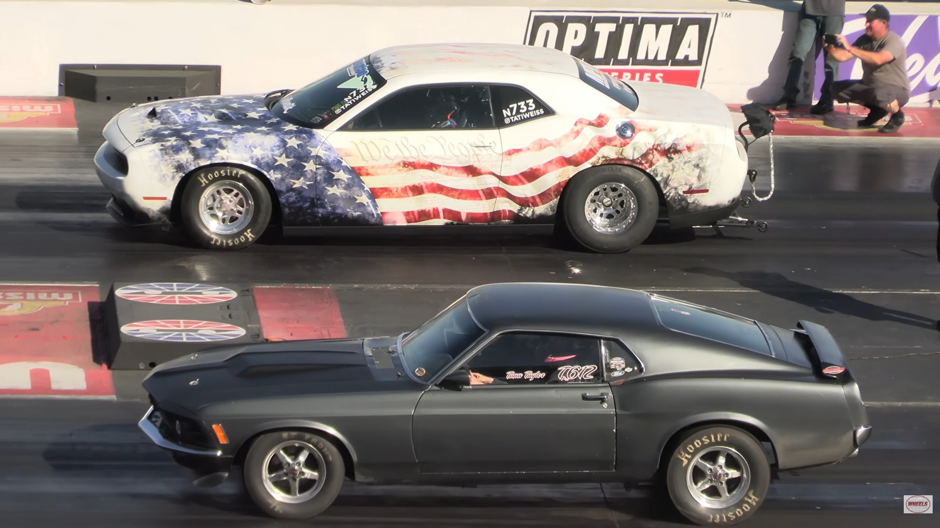 Drag racing performance cars at the starting line